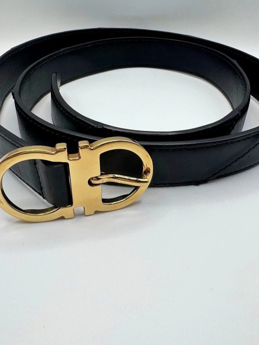 Salvatore Ferragamo Black Leather Gancini Belt Gold Sz 90 (34/36)